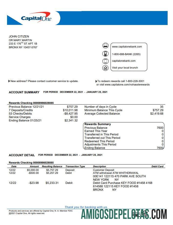 Modelo de extrato bancário USA Capital One para impressão em formato Word e PDF, versão 4